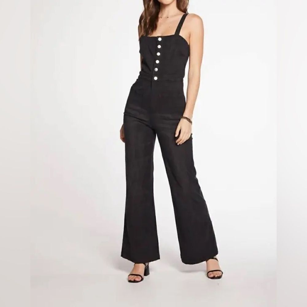 Chaser Stretch Twill Square Neck Button Down Wide Leg Jumpsuit Washed - Black
